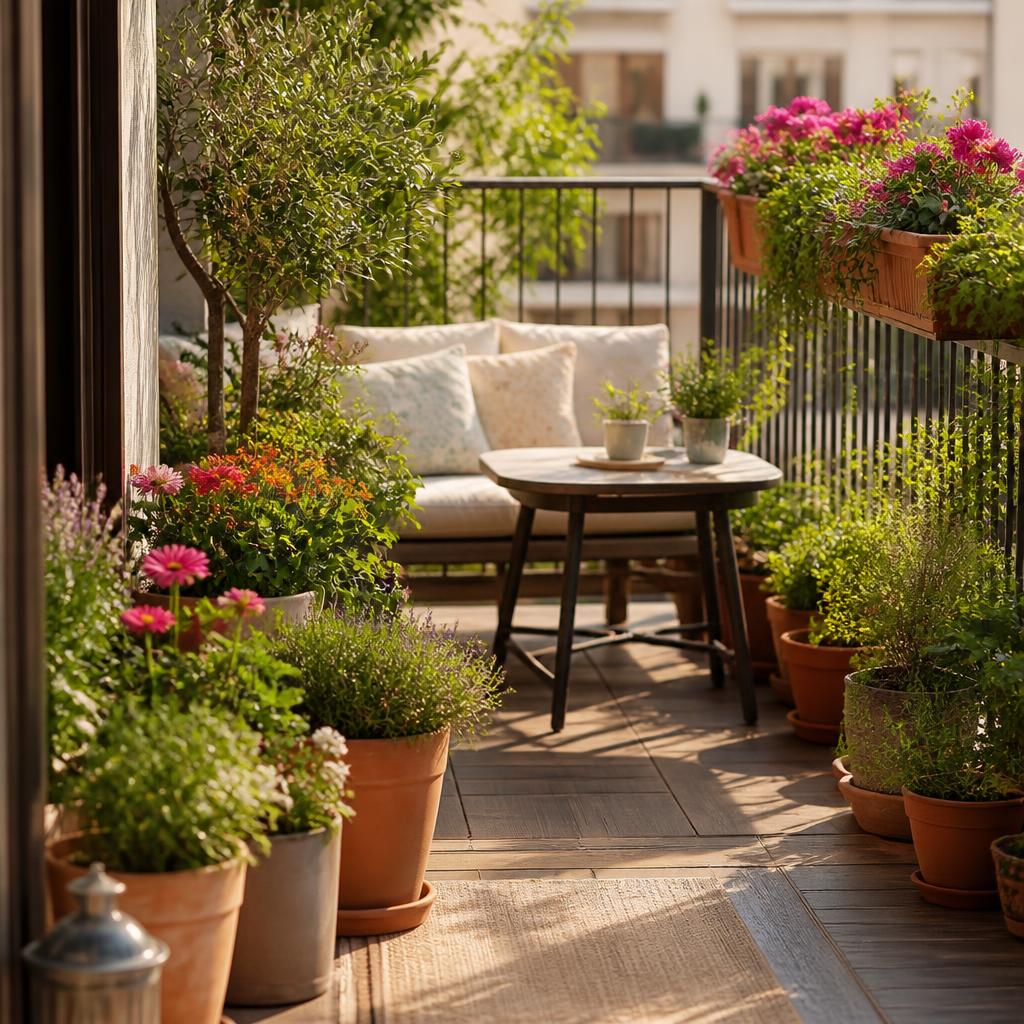 Cozy balcony garden with potted plants and flowers